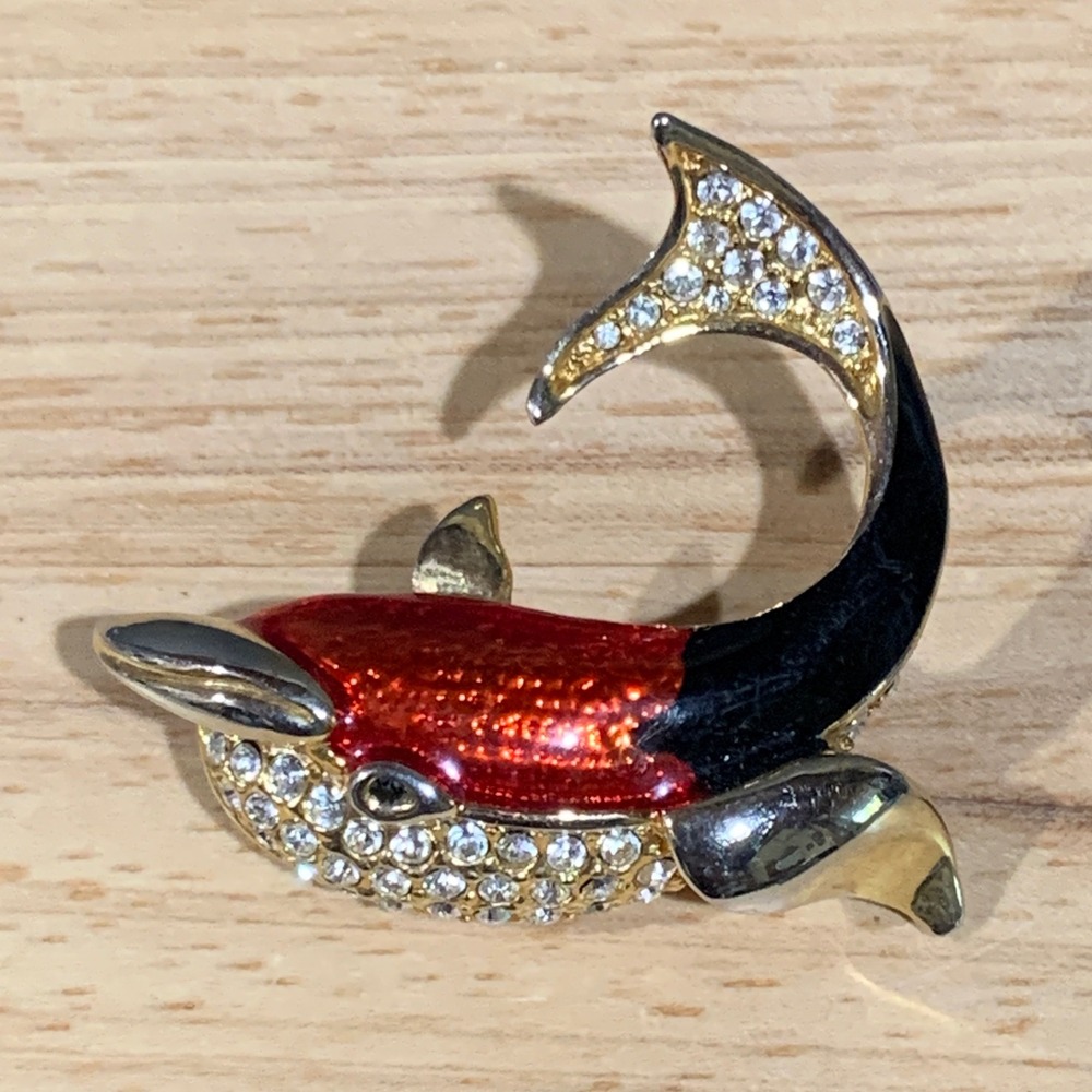Vintage Dolphin Brooch Womens Red Blue Enamel Rhinestone Nautical Pin